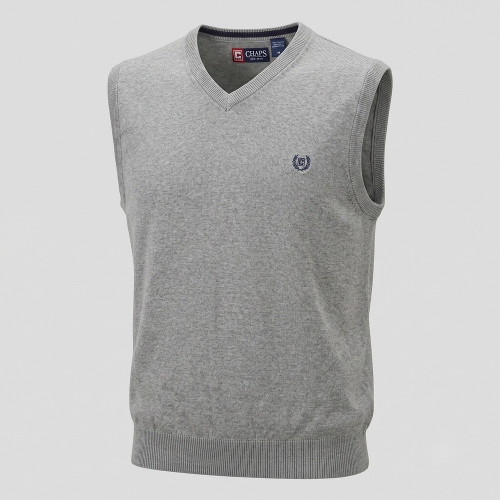 Chaps Mens M Grey Sweater Vest V-Neck Crest Logo Cotton Preppy Knit